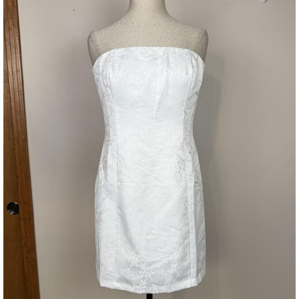 Reformation Dress Womens 10 White Jacquard Floral Strapless Sheath Mini Smocked - Picture 2 of 11